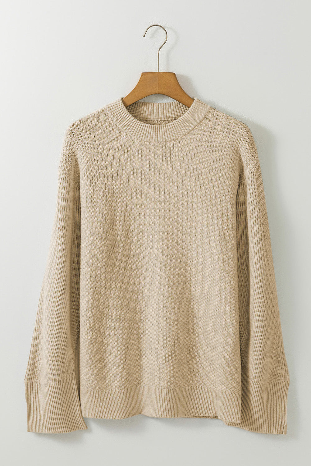 Gray Textured Knit Split Cuff Drop Shoulder Loose Sweater