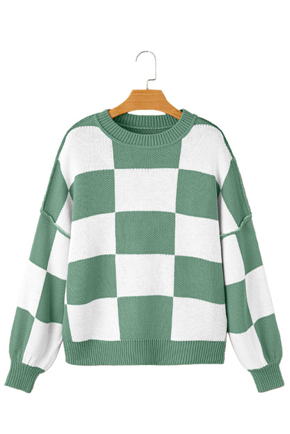 Pink Checked Bishop Sleeve Pullover Sweater