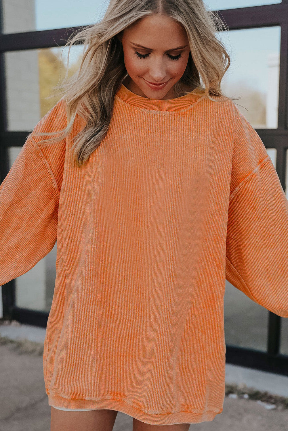 Strawberry Pink Drop Sleeve Ribbed Oversized Sweatshirt