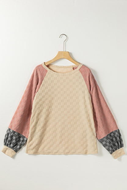 Parchment Patchwork Checked Pattern Lantern Sleeve Top