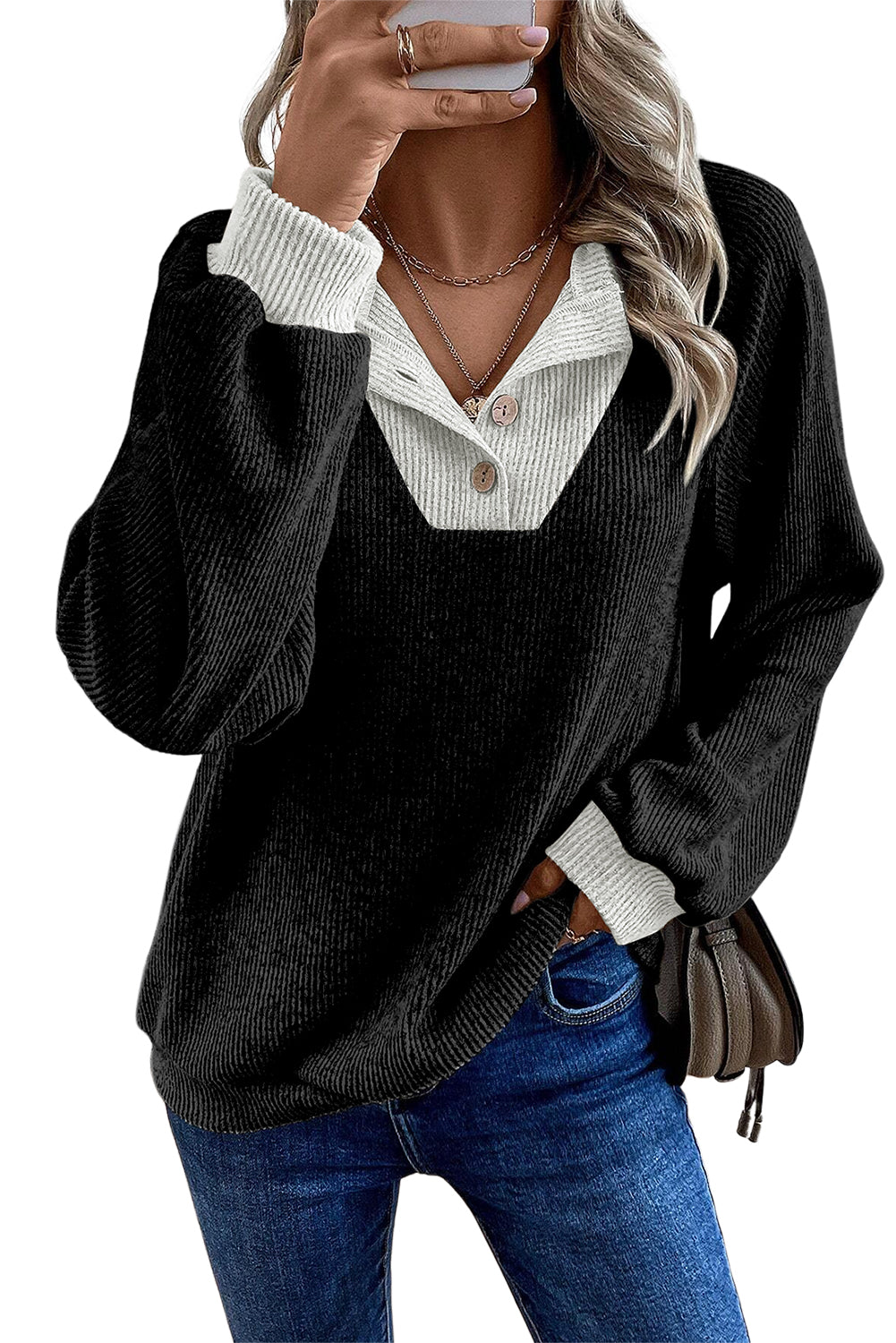 Jet Stream Contrast Ribbed Loose Fit Henley Top