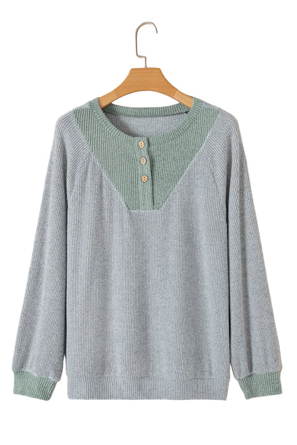 Jet Stream Contrast Ribbed Loose Fit Henley Top
