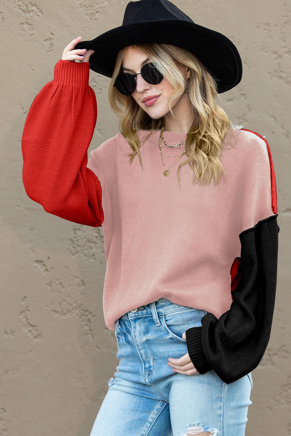 Brown Colorblock Bishop Sleeve Exposed Seam Ribbed Trim Sweater