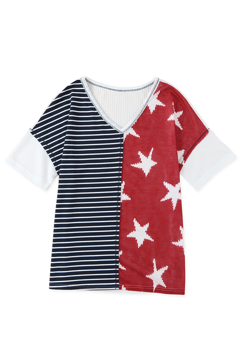 Blue Striped Stars Print V-Neck Tee