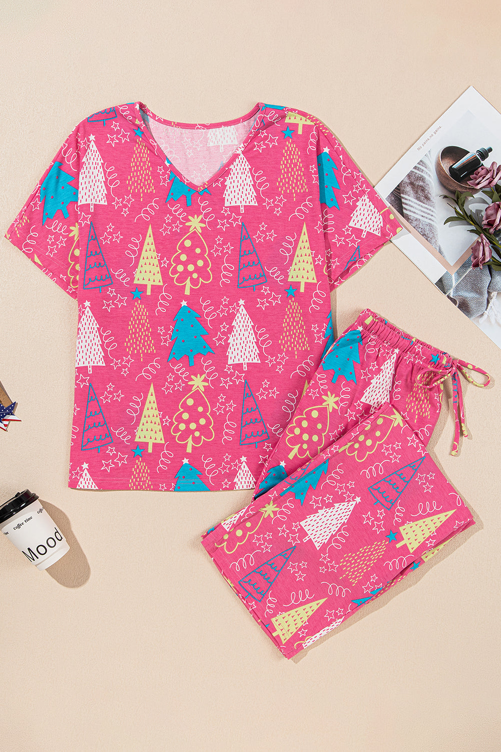 Red Christmas Tree Print V Neck Tee and Pants Loungewear Set