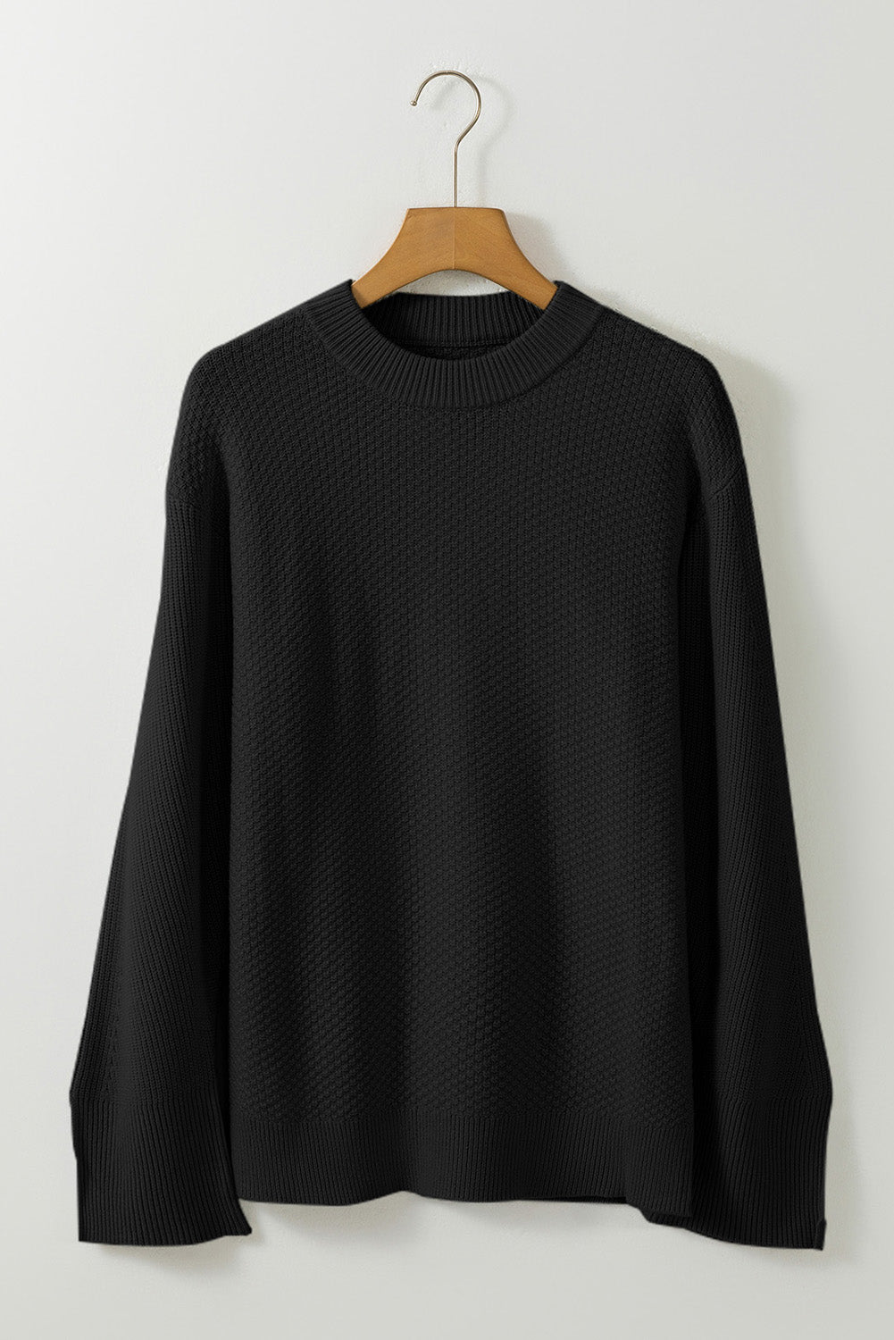 Gray Textured Knit Split Cuff Drop Shoulder Loose Sweater