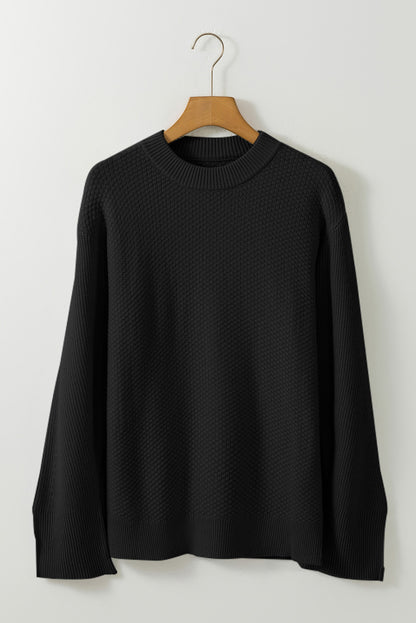 Gray Textured Knit Split Cuff Drop Shoulder Loose Sweater