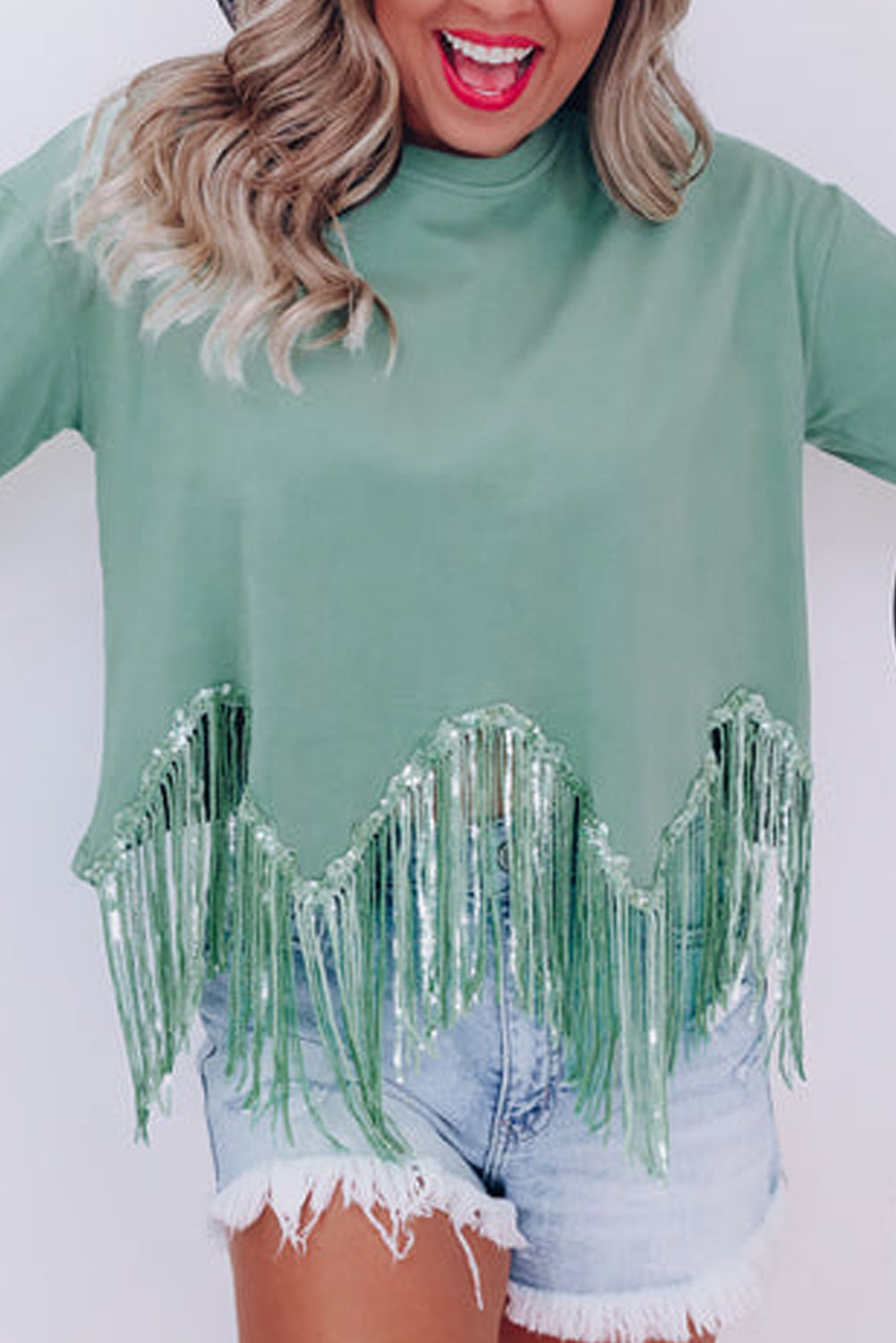 Pink Casual Fringe Sequin Hem Cropped T Shirt