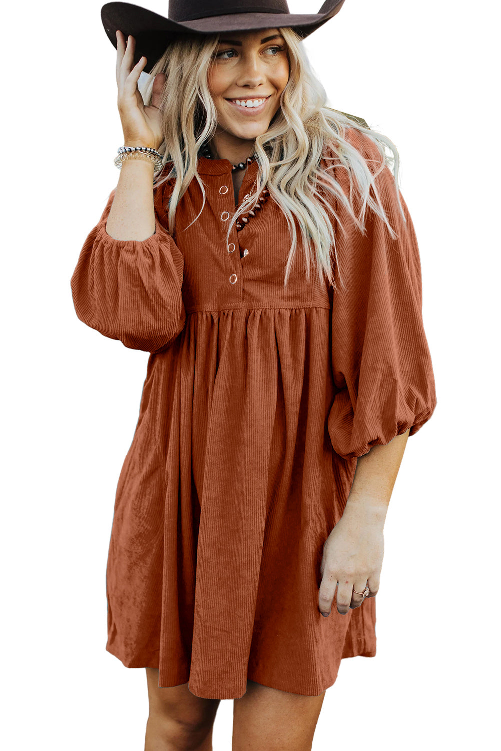 Vineyard Green Snap Button Empire Waist Lantern Sleeve Corduroy Dress