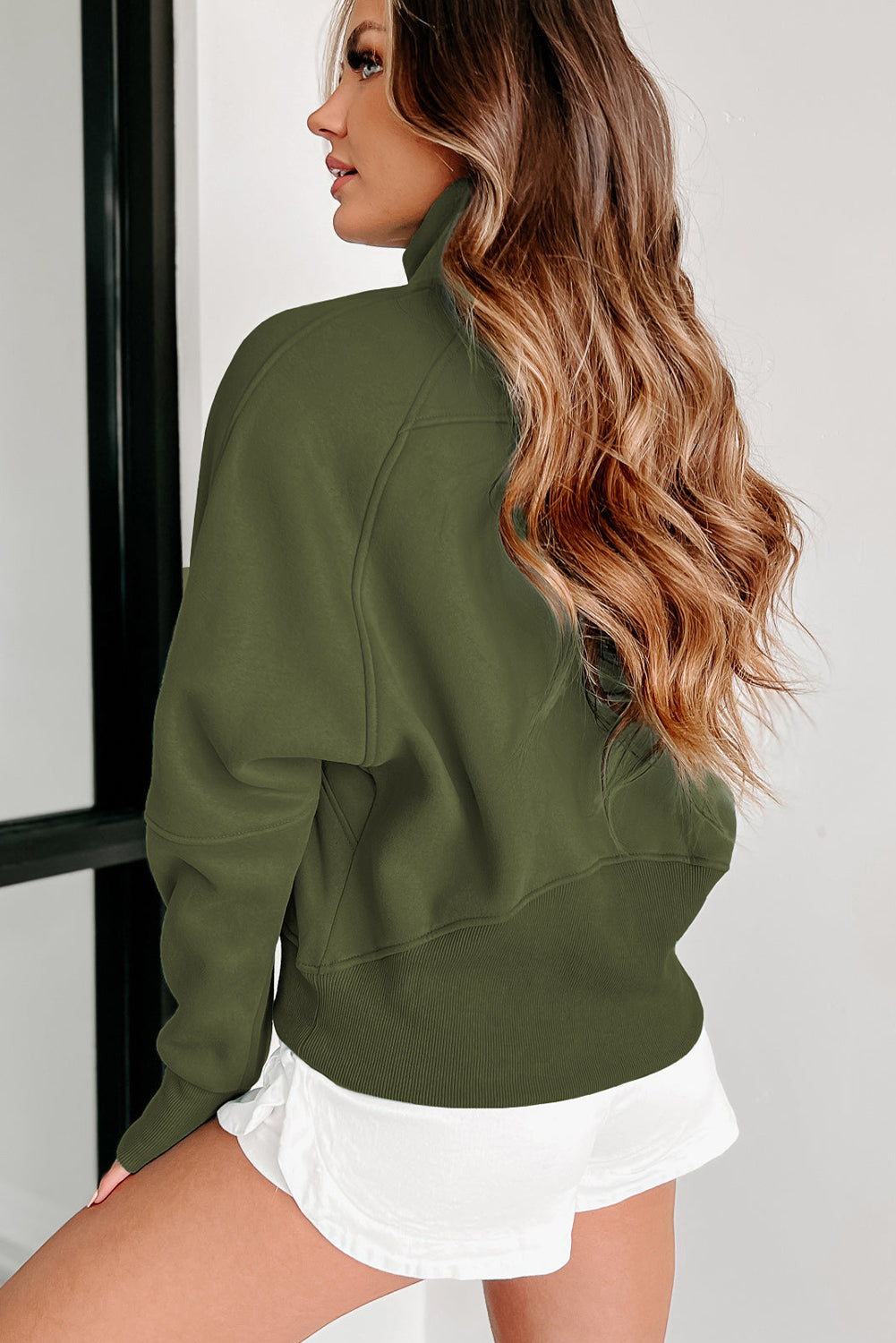 Brown Stand Collar Thumbhole Sleeve Sweatshirt