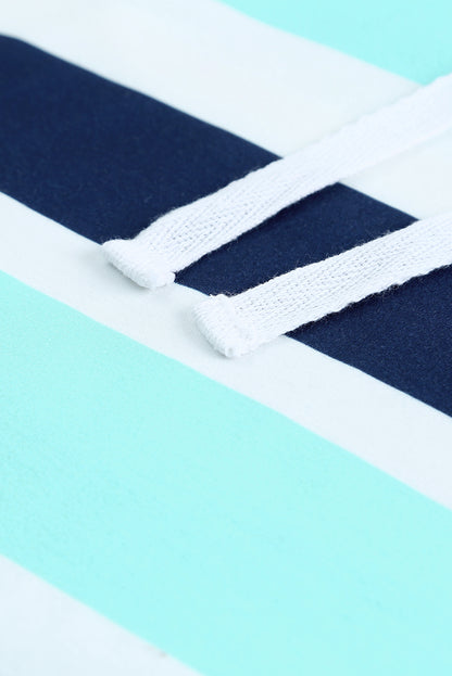 Blue Striped Color Block Drawstring Long Sleeve Hoodie