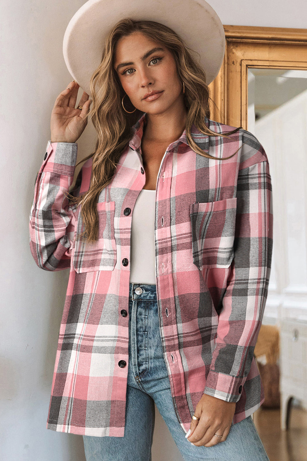 Pink Long Sleeve Collar Button Up Flannel Shacket