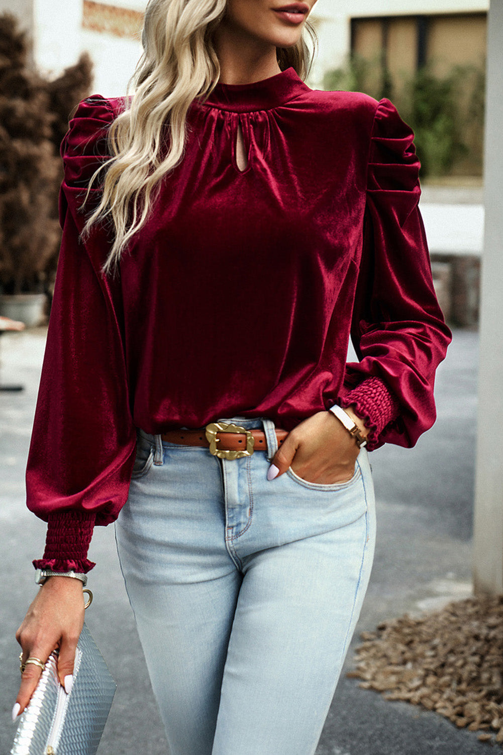Blossom Mock Keyhole Neck Puff Sleeve Velvet Blouse