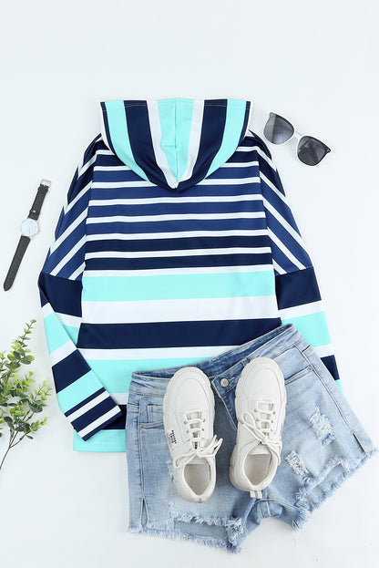 Blue Striped Color Block Drawstring Long Sleeve Hoodie