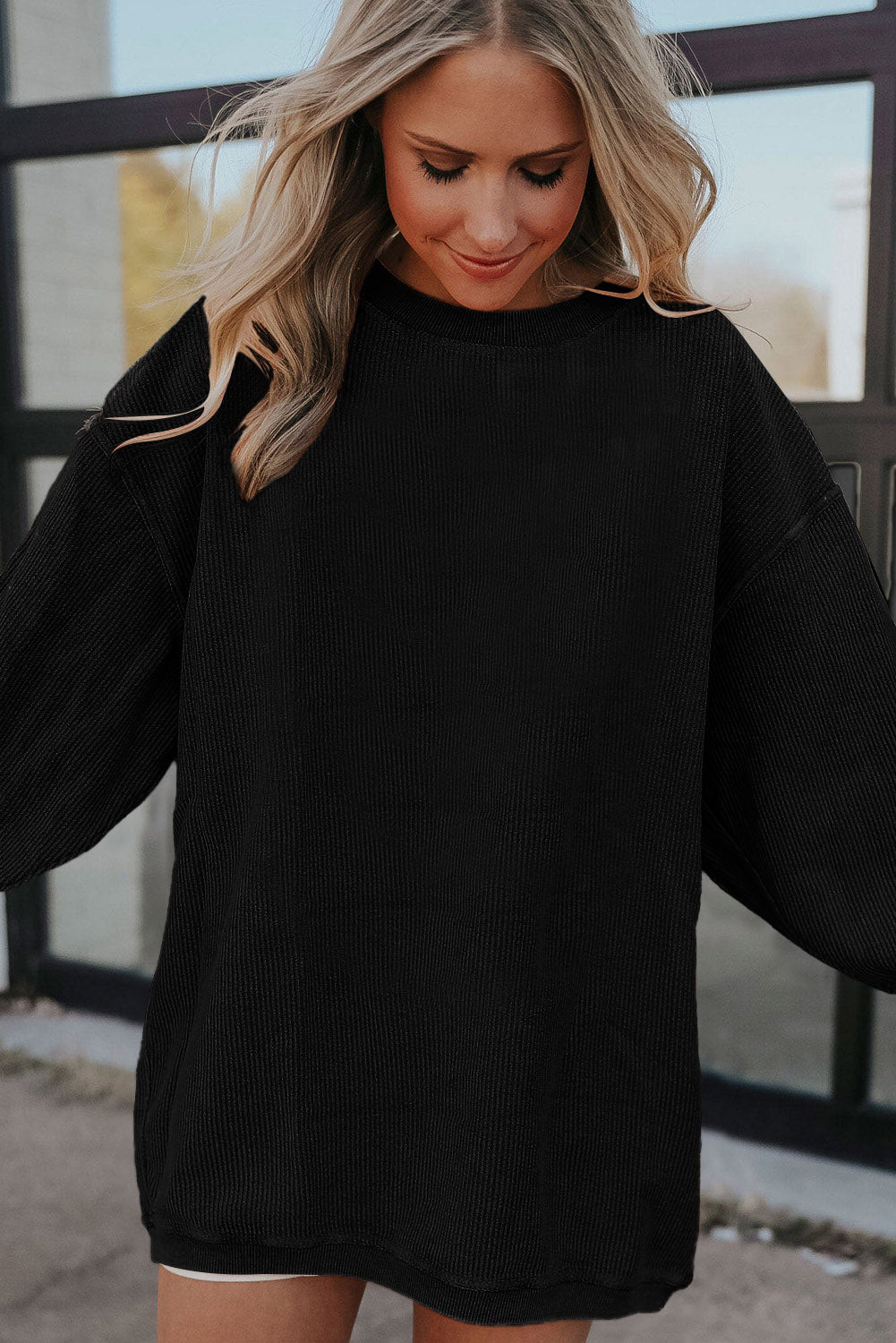 Strawberry Pink Drop Sleeve Ribbed Oversized Sweatshirt