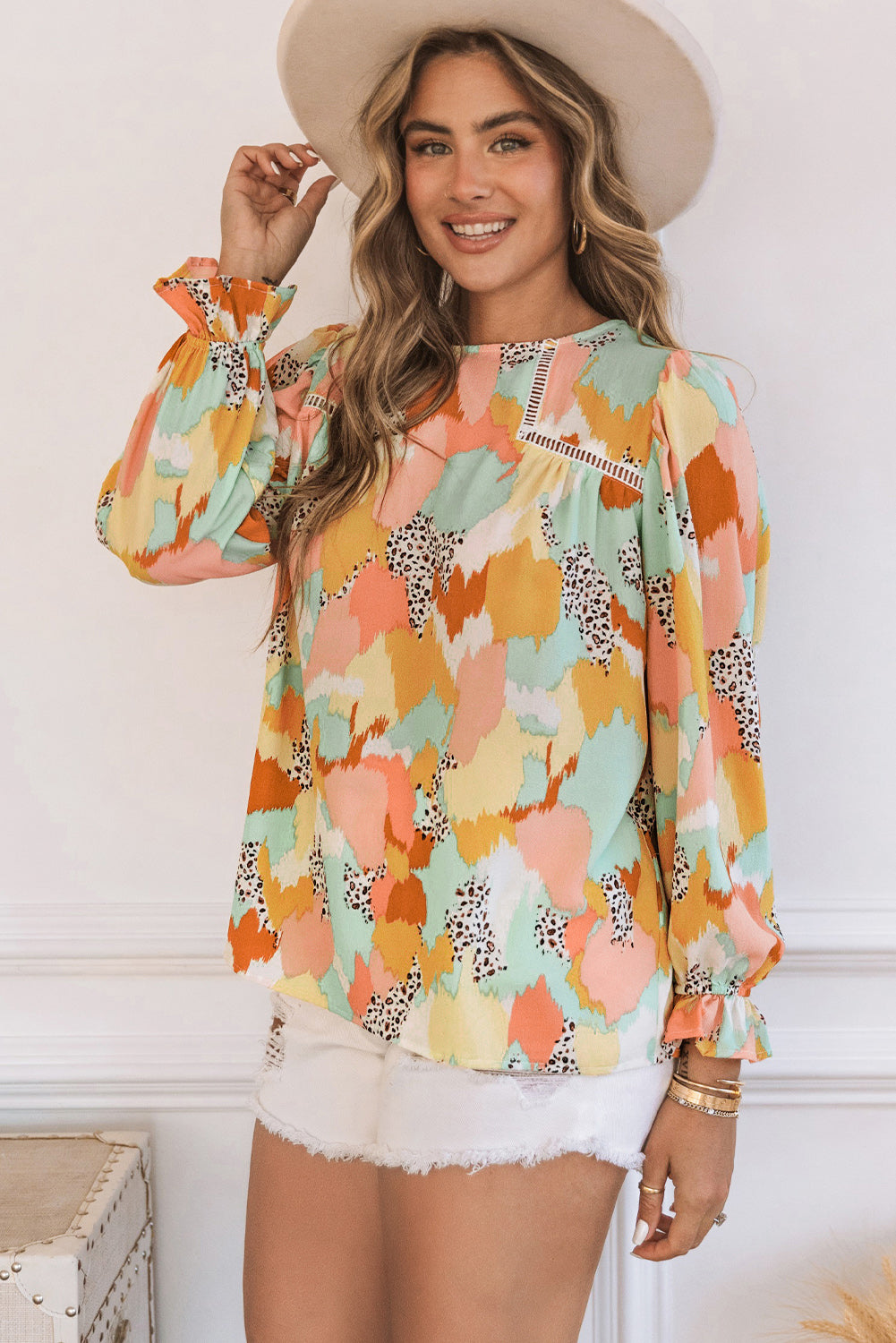 Multicolor Abstract Print Ruffle Puff Sleeve Blouse