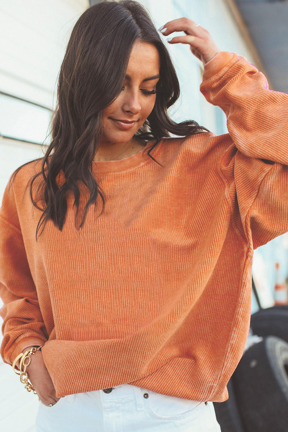 Strawberry Pink Drop Sleeve Ribbed Oversized Sweatshirt
