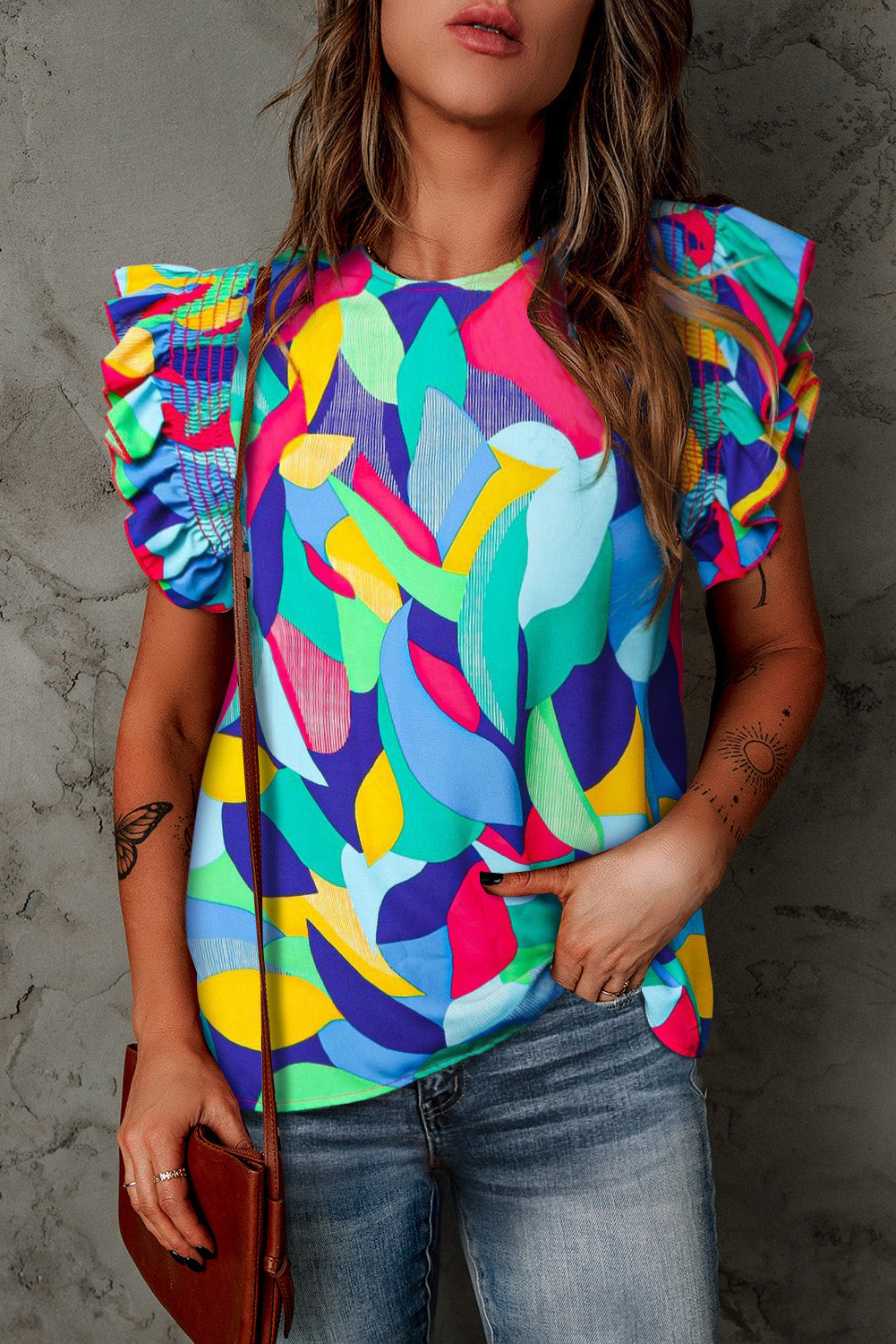 Multicolor Striped Summer Top Ruffle Sleeve Blouse for Women