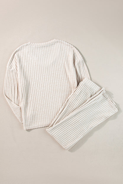 Khaki Slouchy Ribbed Knit V Neck Top & Pants Loungewear Set