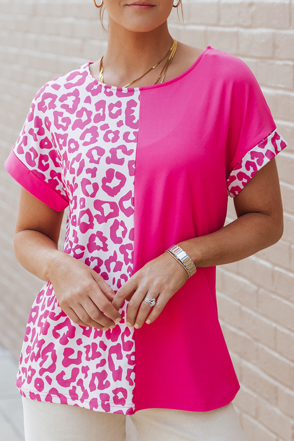 Leopard Color Block Casual Tee with Rolled Sleeves