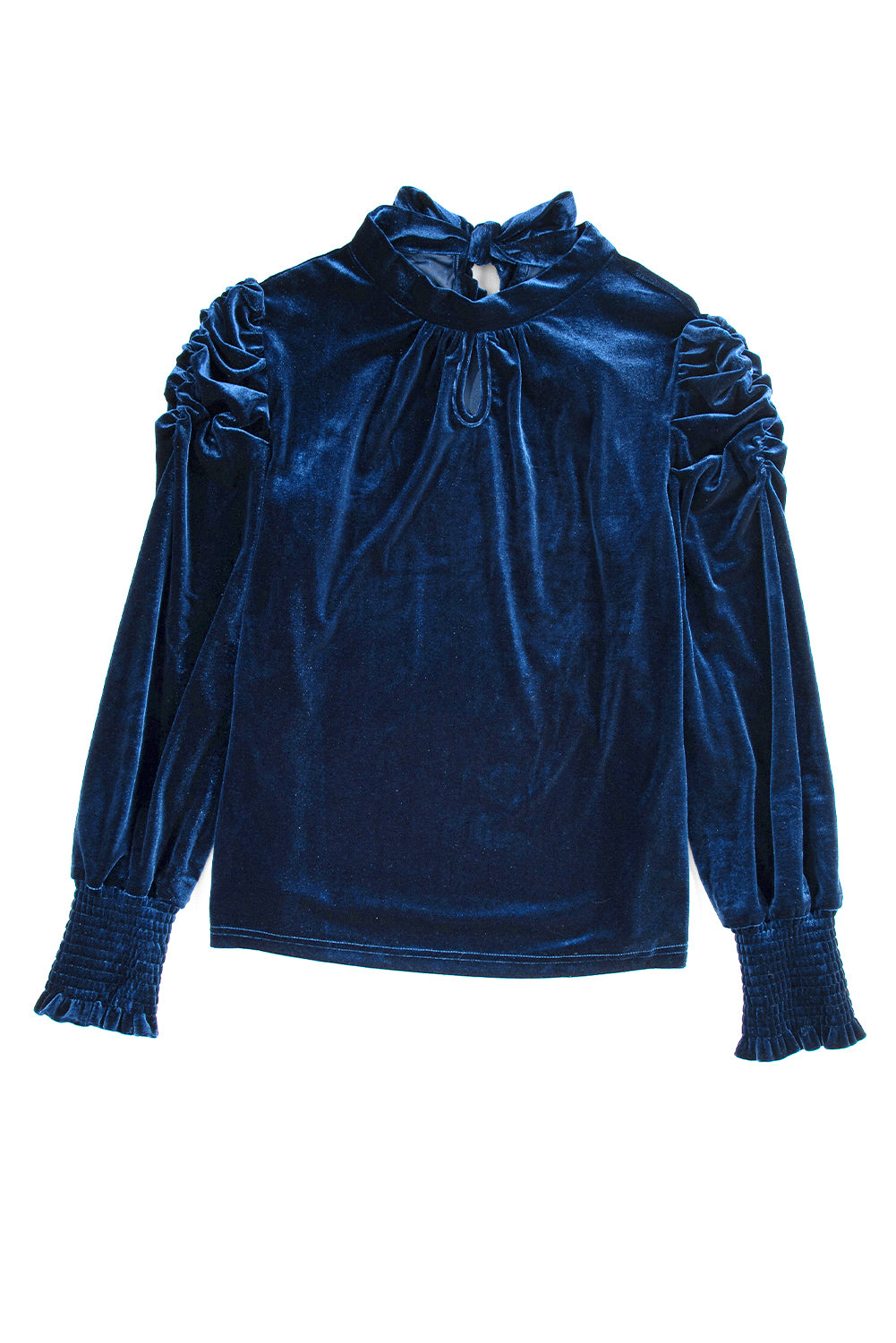 Peach Blossom Mock Keyhole Neck Puff Sleeve Velvet Blouse