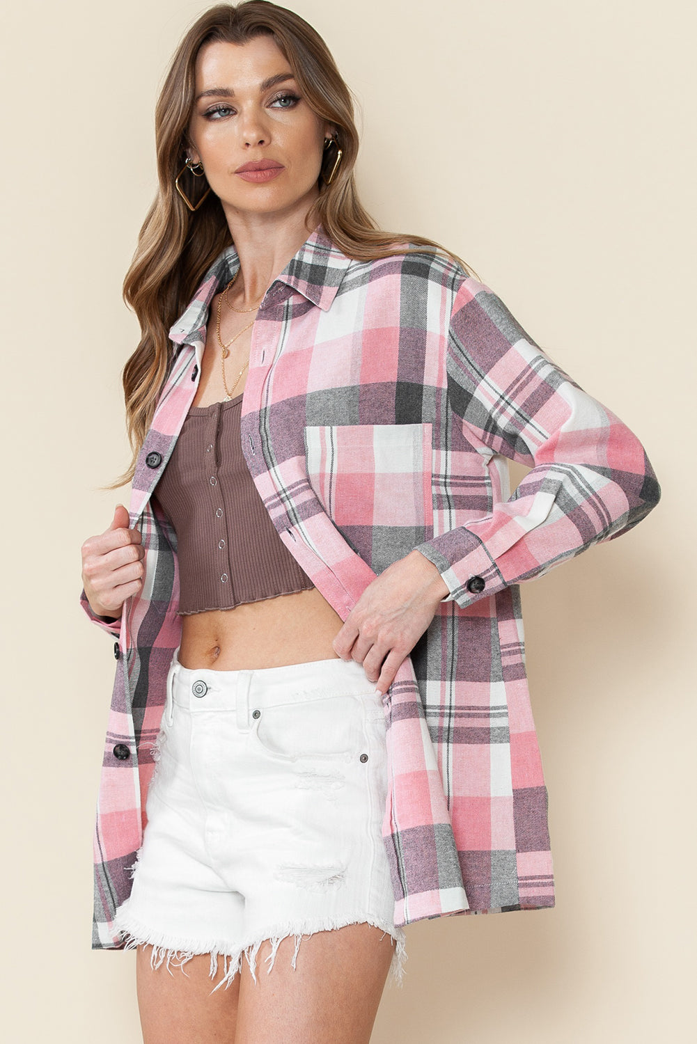 Pink Long Sleeve Collar Button Up Flannel Shacket
