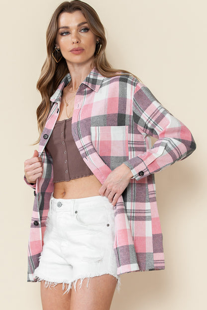 Pink Long Sleeve Collar Button Up Flannel Shacket
