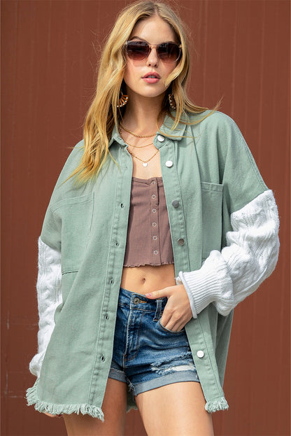 Green Cable Knit Patchwork Sleeve Raw Hem Shacket