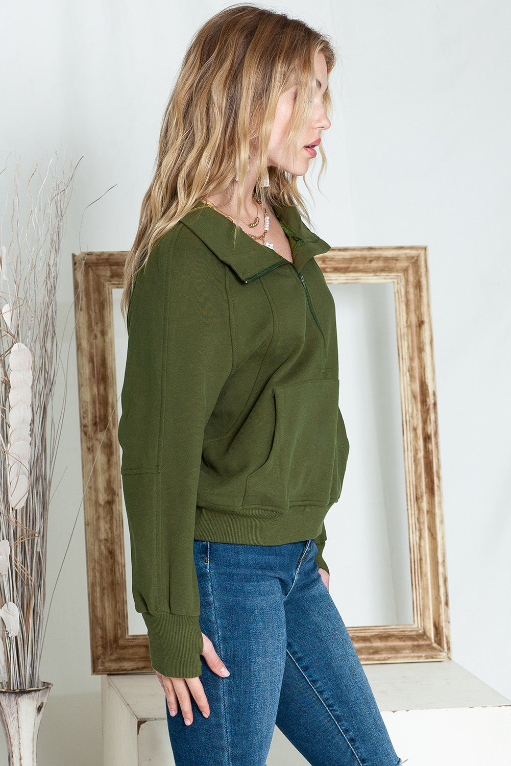 Brown Stand Collar Thumbhole Sleeve Sweatshirt
