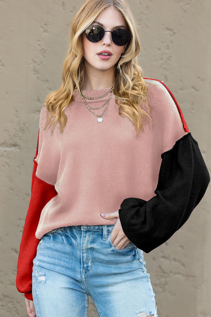 Brown Colorblock Bishop Sleeve Exposed Seam Ribbed Trim Sweater