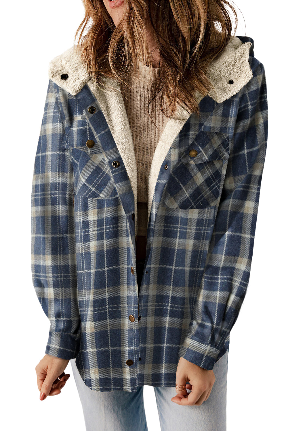 Blue Snap Button Sherpa Lined Hooded Flannel Jacket