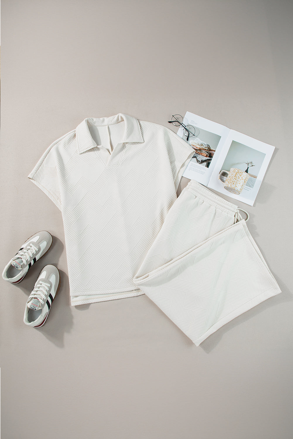 Beige Plus Size Textured Collared Top and Drawstring Pants Set