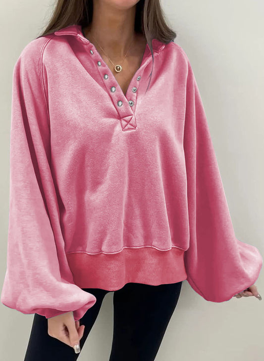 Pink Solid Snap Buttons Collared Balloon Sleeve Oversized Sweatshirt