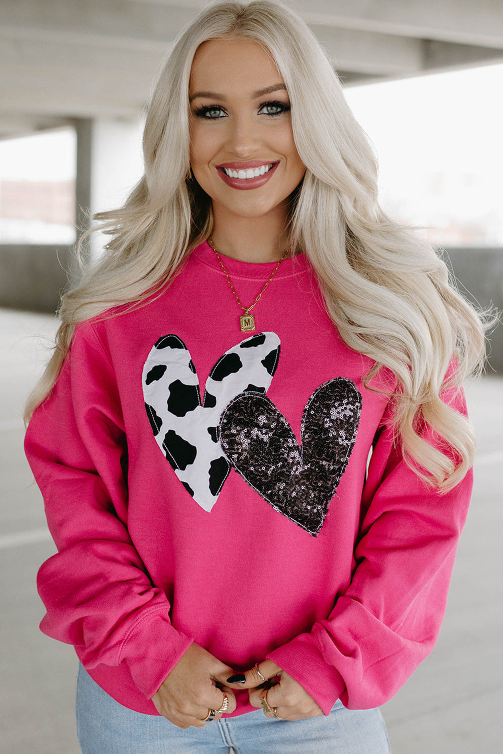 Strawberry Pink Sequins Heart Graphic Sweatshirt