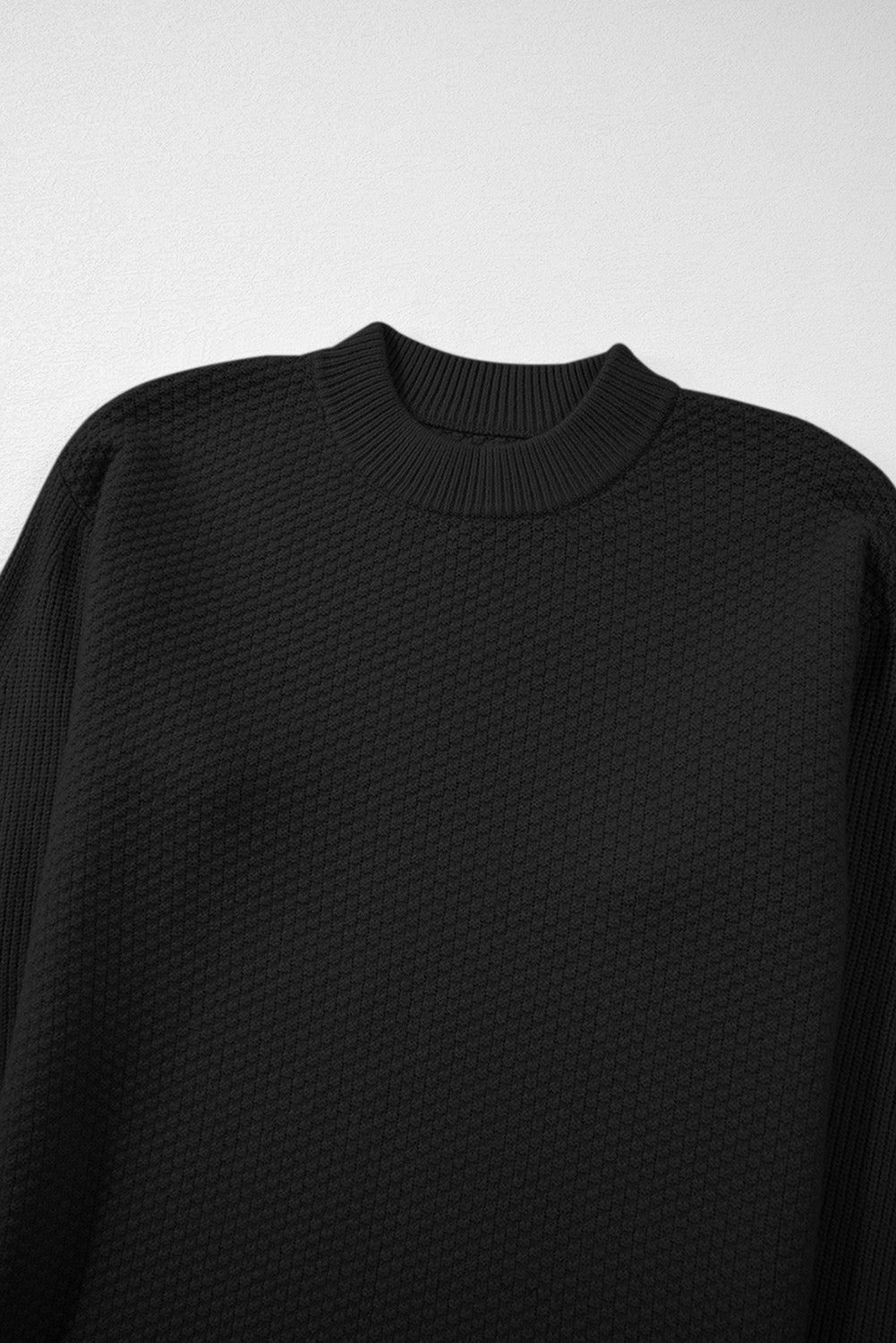 Gray Textured Knit Split Cuff Drop Shoulder Loose Sweater