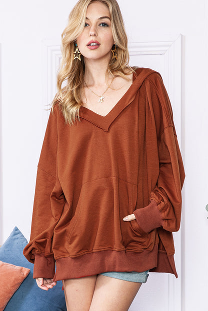Chestnut Patchwork V-Neck Oversized Slit Hem Sweatshirt