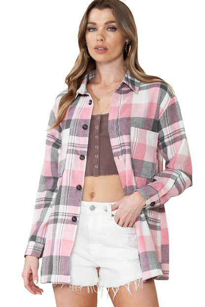 Pink Long Sleeve Collar Button Up Flannel Shacket