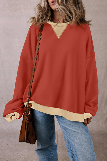 Red Clay Color Block Drop Shoulder Crewneck Oversized Sweatshirt