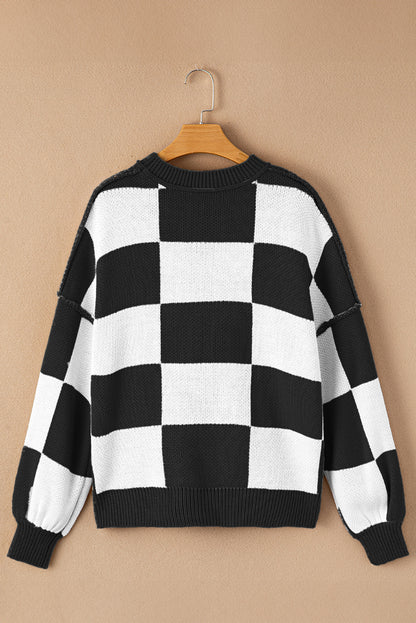 Pink Checked Bishop Sleeve Pullover Sweater