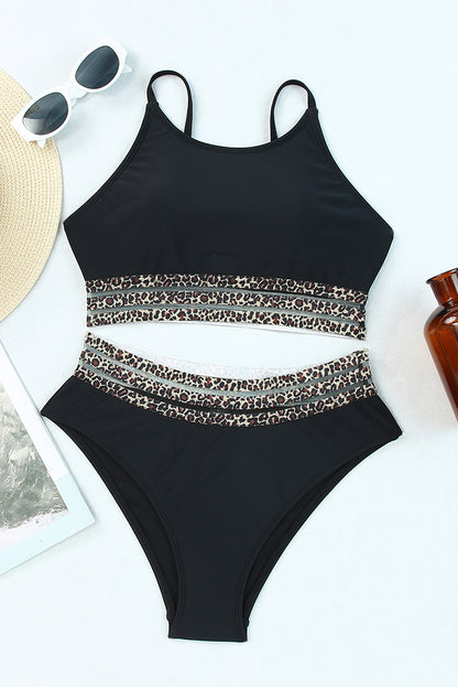 Black Leopard Print Wireless Swimsuit Set