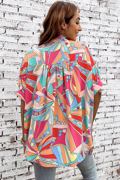 Multicolor Abstract Print Half Batwing Sleeve Loose Shirt