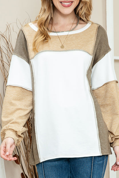 Khaki Color Block Exposed Seam Long Sleeve T Shirt