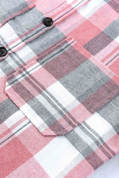 Pink Long Sleeve Collar Button Up Flannel Shacket