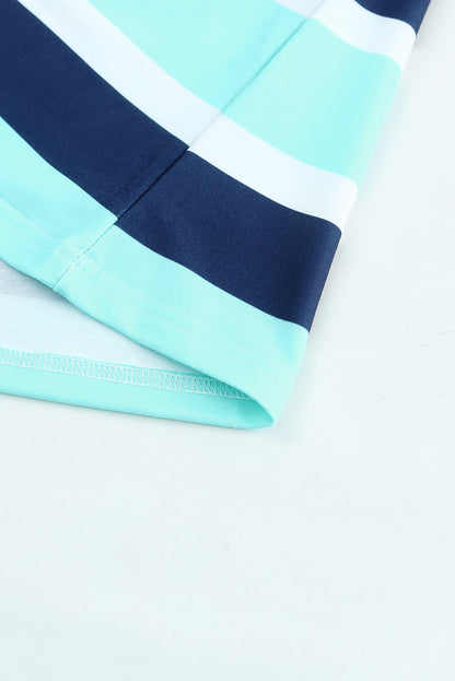 Blue Striped Color Block Drawstring Long Sleeve Hoodie
