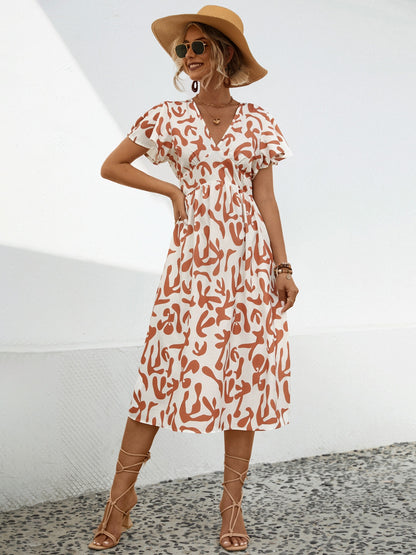 Printed V Neck Short Sleeve Dress