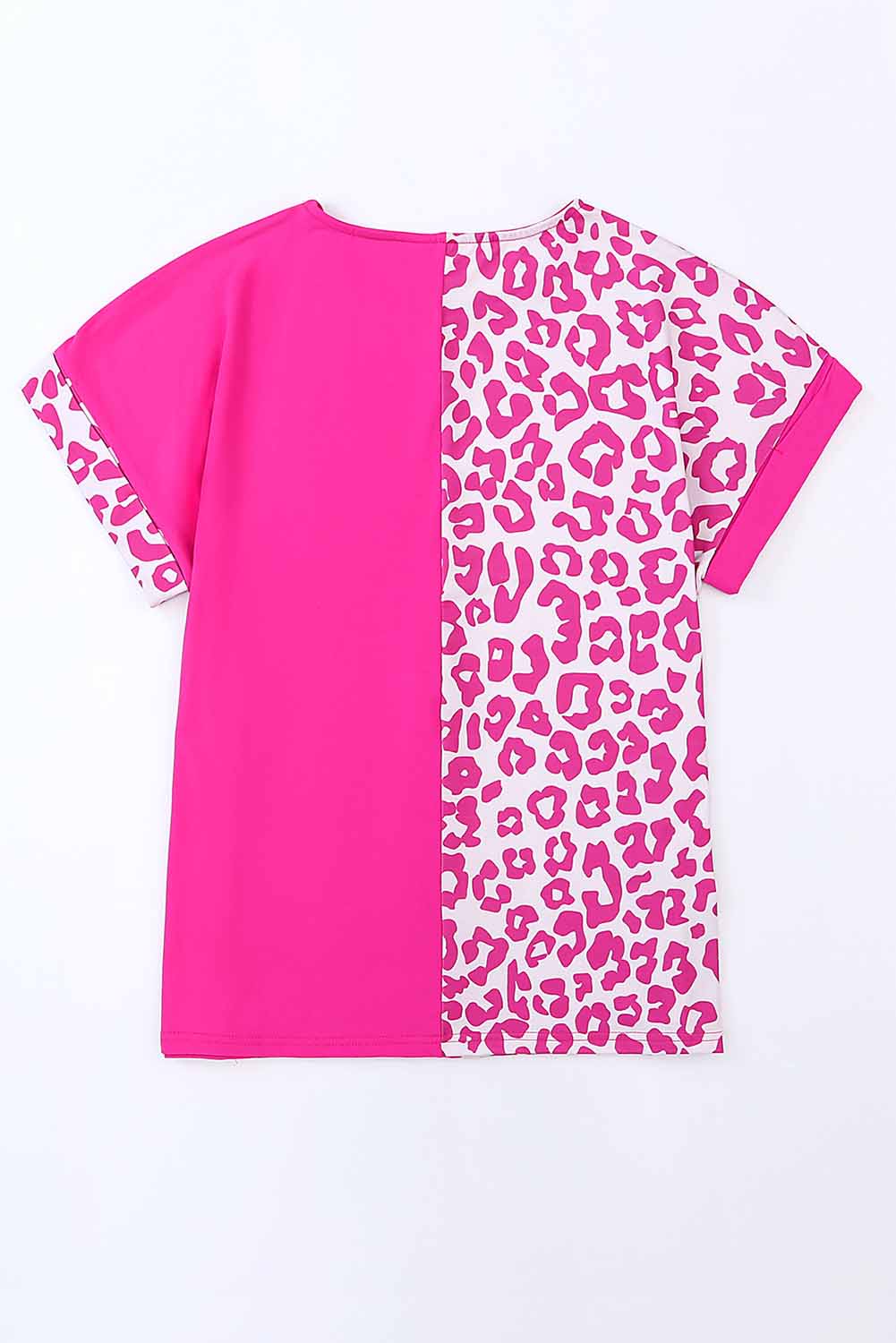 Leopard Color Block Casual Tee with Rolled Sleeves