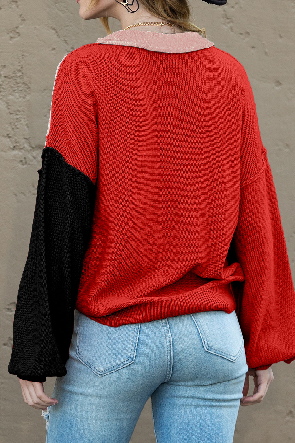 Brown Colorblock Bishop Sleeve Exposed Seam Ribbed Trim Sweater