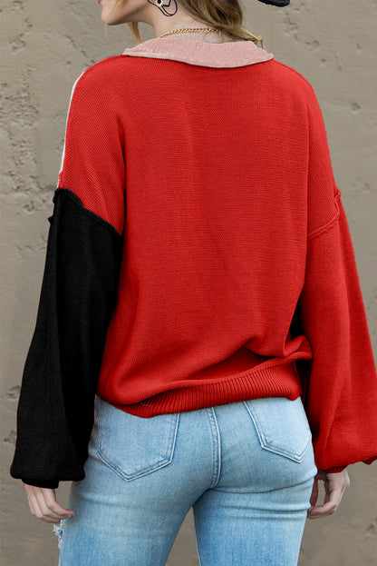 Brown Colorblock Bishop Sleeve Exposed Seam Ribbed Trim Sweater