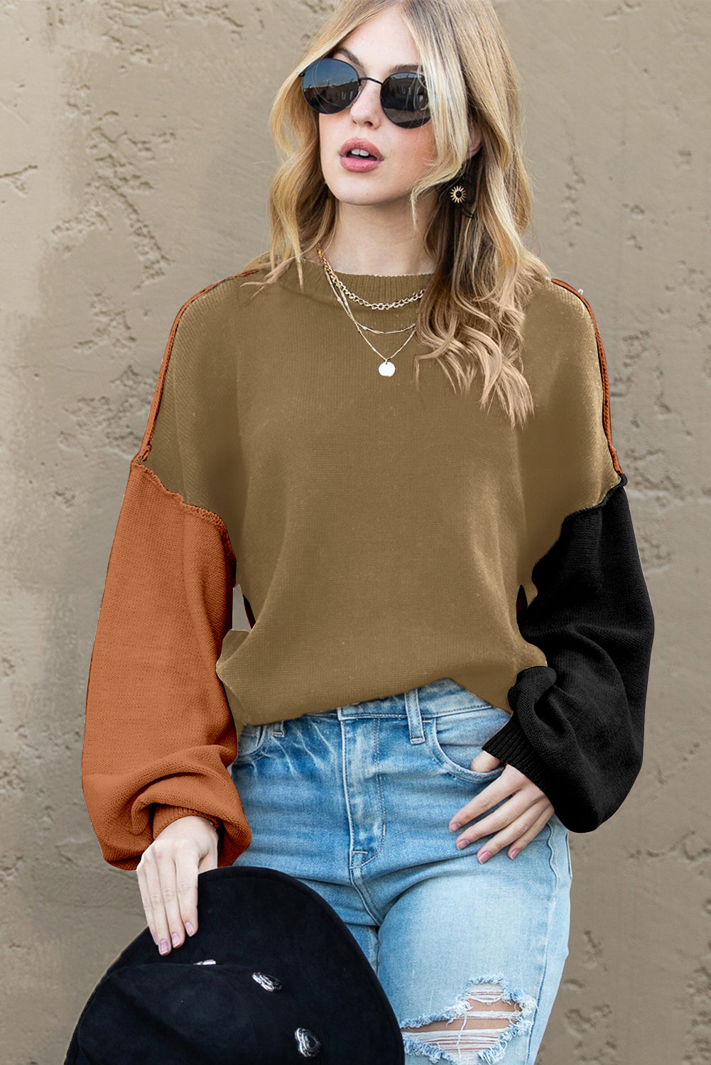 Brown Colorblock Bishop Sleeve Exposed Seam Ribbed Trim Sweater