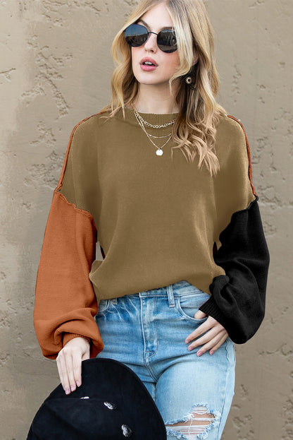 Brown Colorblock Bishop Sleeve Exposed Seam Ribbed Trim Sweater